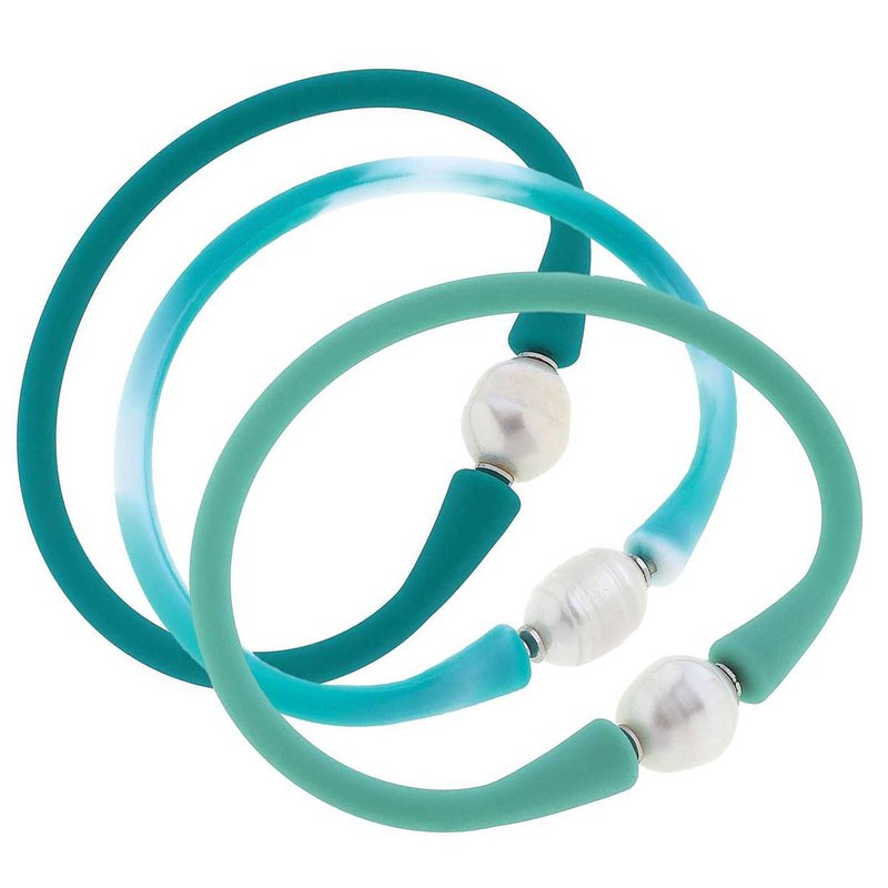 Canvas Style Bali Freshwater Pearl Silicone Meadow Bracelet Set Of 3 In Green