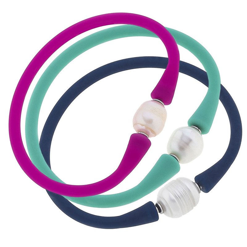 Canvas Style Bali Freshwater Pearl Silicone Tropical Bracelet Set Of 3 In Blue
