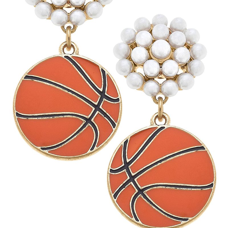 Canvas Style Basketball Pearl Cluster Enamel Drop Earrings In Orange