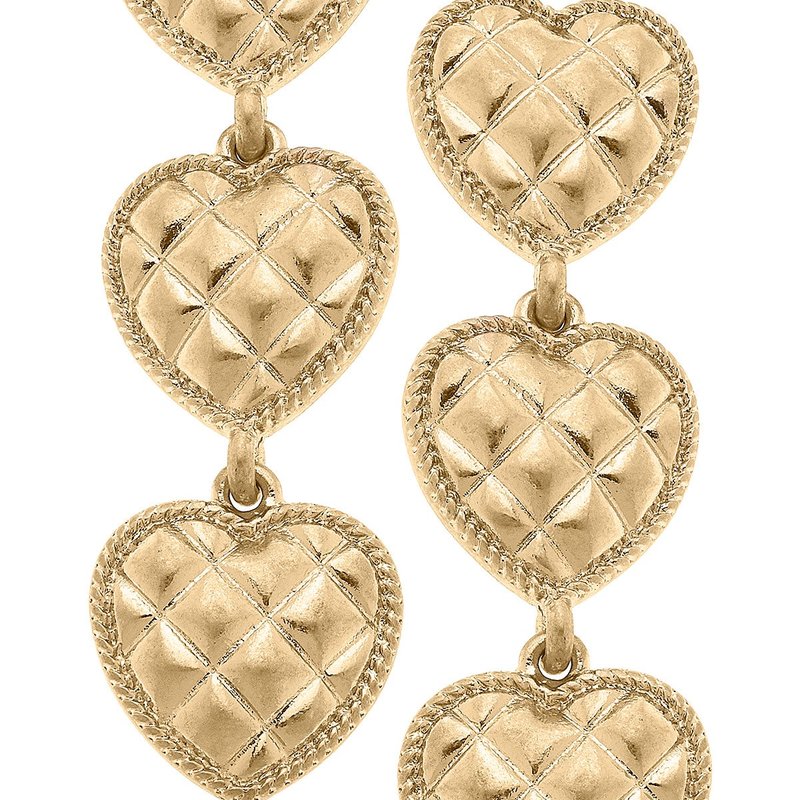 Canvas Style Beatrice Quilted Metal Triple Heart Drop Earrings In Worn Gold
