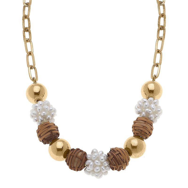 Canvas Style Bella Pearl Cluster & Wicker Ball Bead Necklace In Brown