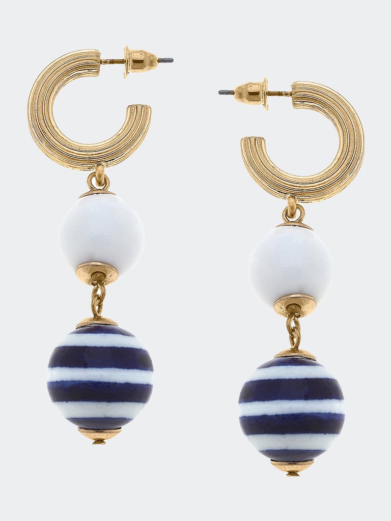 Billie Nautical Ceramic Drop Hoop Earrings - Navy/White