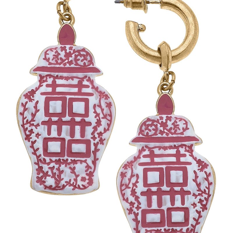 Shop Canvas Style Blaire Enamel Ginger Jar Double Happiness Earrings In Pink