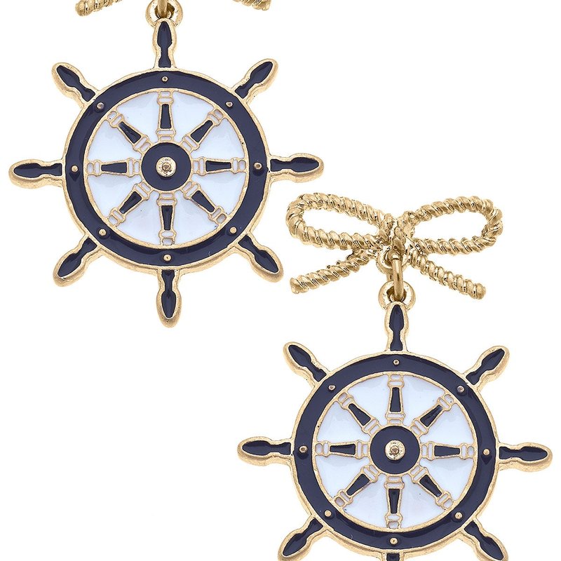 Canvas Style Bobbie Enamel Ship's Wheel Earrings In Navy And White In Blue