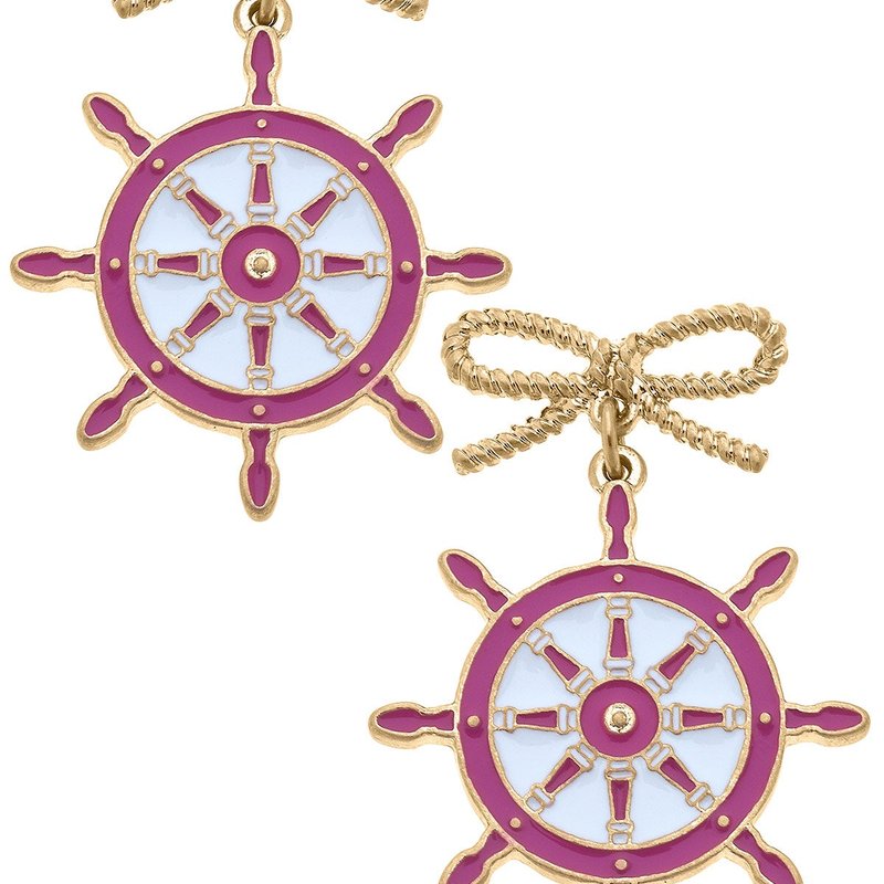 Canvas Style Bobbie Enamel Ship's Wheel Earrings In Pink And White