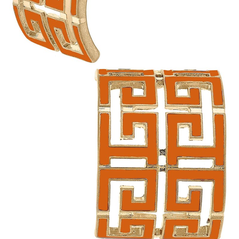 Canvas Style Brennan Game Day Greek Keys Enamel Hoop Earrings In Burnt Orange
