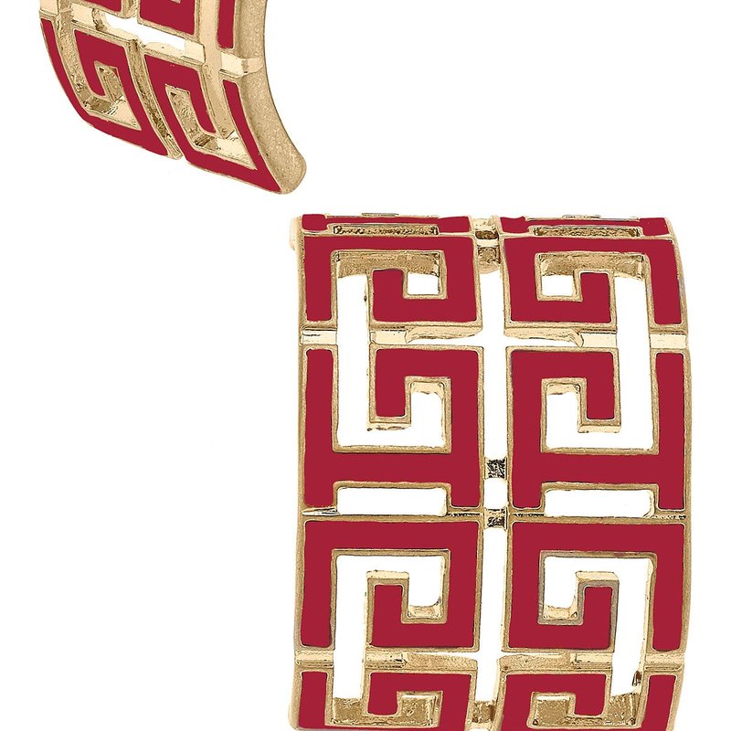 Canvas Style Brennan Game Day Greek Keys Enamel Hoop Earrings In Crimson In Red