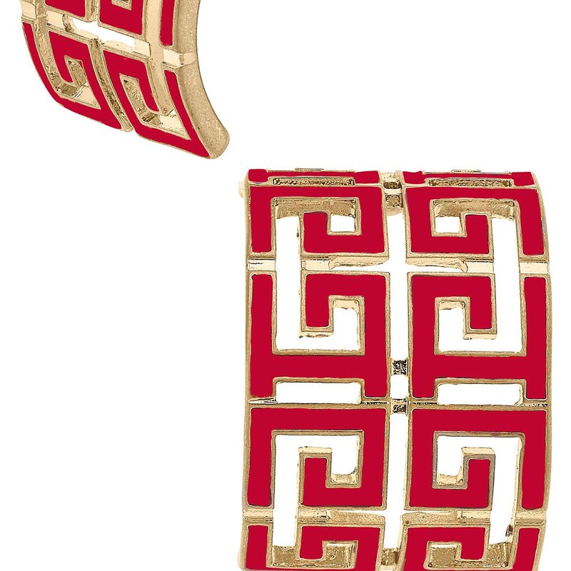 Canvas Style Brennan Game Day Greek Keys Enamel Hoop Earrings In Red