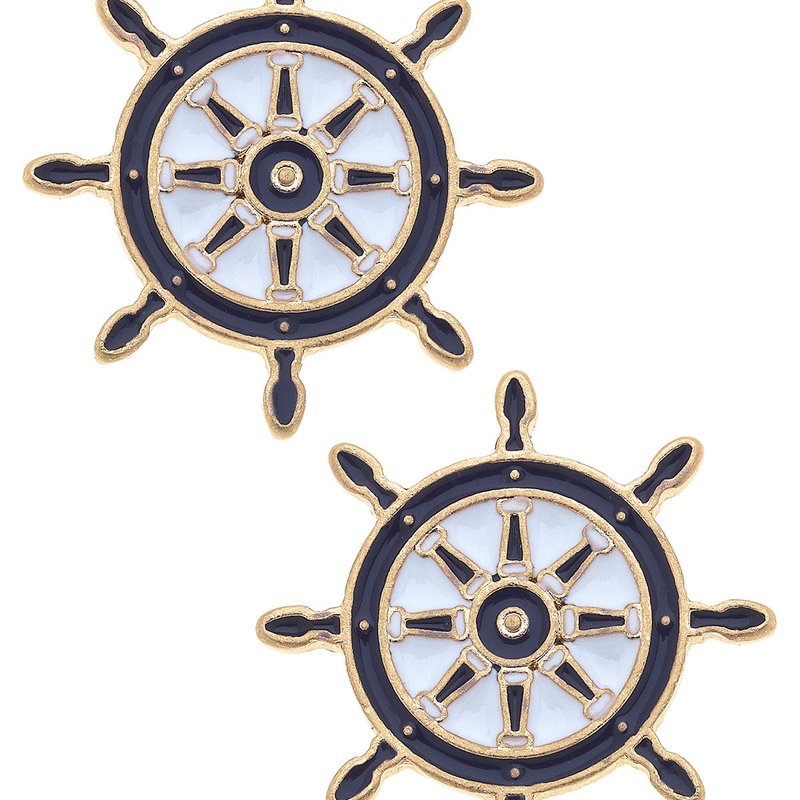 Canvas Style Bridget Enamel Nautical Ship's Wheel Stud Earrings In Navy And White In Blue