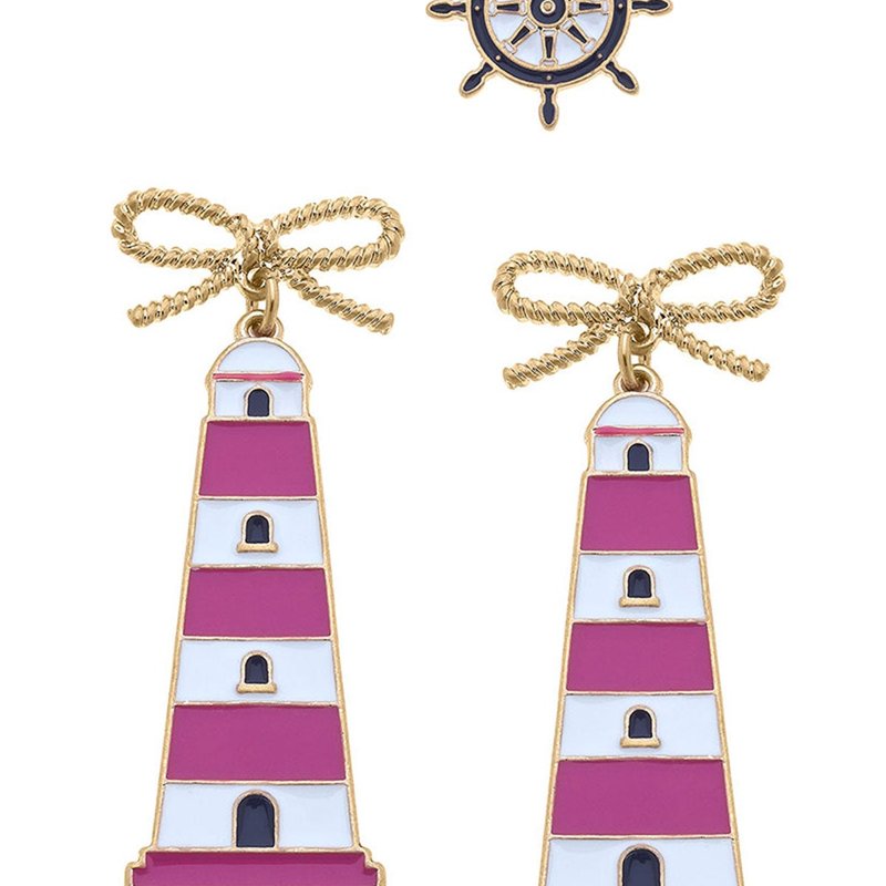 Canvas Style Bridget Navy Nautical Ship's Wheel Stud And Luna Pink Lighthouse Earring Set In Blue