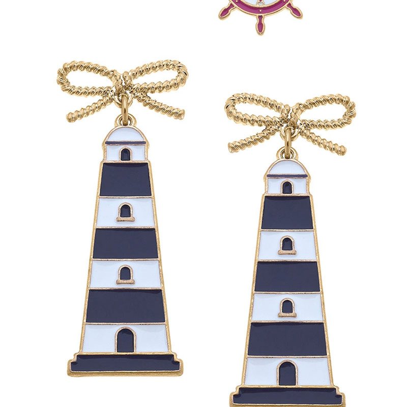 Canvas Style Bridget Pink Nautical Ship's Wheel Stud And Luna Navy Lighthouse Earring Set In Blue