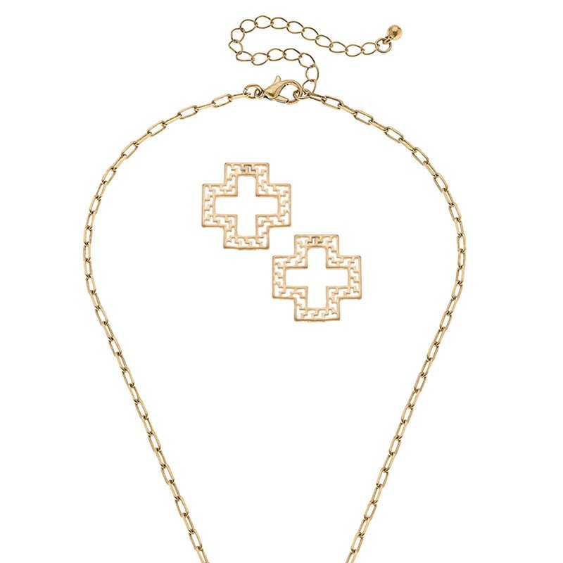 Canvas Style Cameryn Greek Keys Cross Earring And Necklace Set In Gold