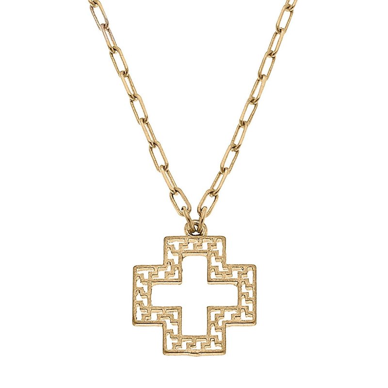 Canvas Style Cameryn Greek Keys Cross Necklace In Gold
