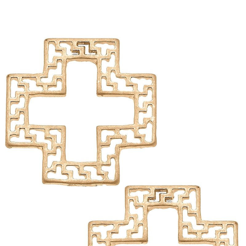 Canvas Style Cameryn Greek Keys Cross Stud Earrings In Gold