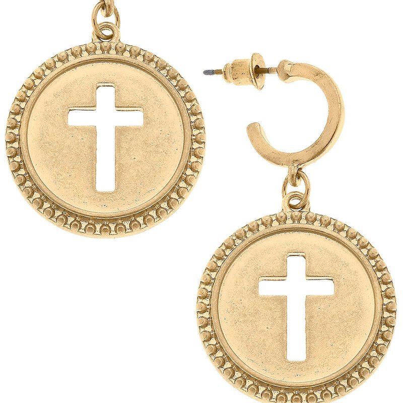 Canvas Style Candace Coin Cross Drop Hoop Earrings In Gold