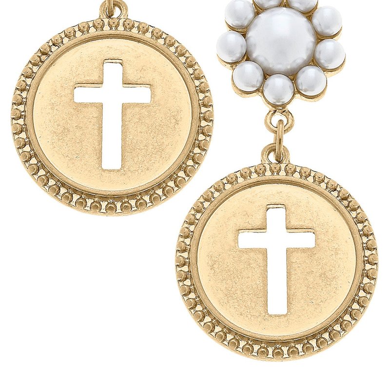 Canvas Style Candace Coin Cross Pearl Drop Earrings In Gold