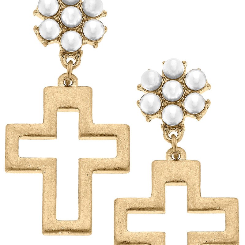 Canvas Style Charlotte Cross Pearl Cluster Drop Earrings In Worn Gold