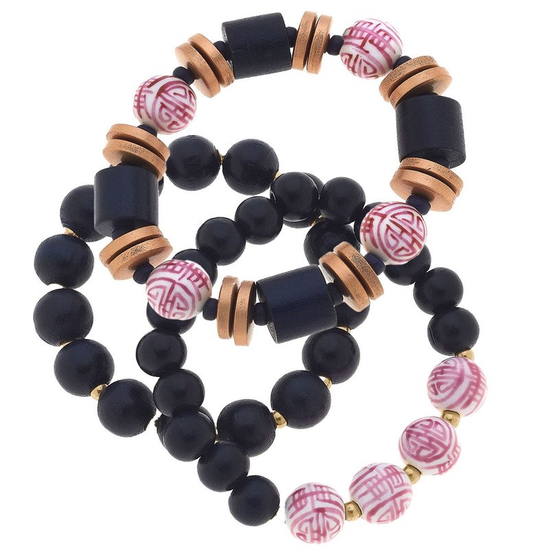 Canvas Style Chinoiserie & Wood Stretch Bracelet Stack In Pink