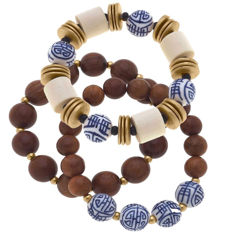Canvas Style Chinoiserie & Wood Stretch Bracelet Stack In Blue
