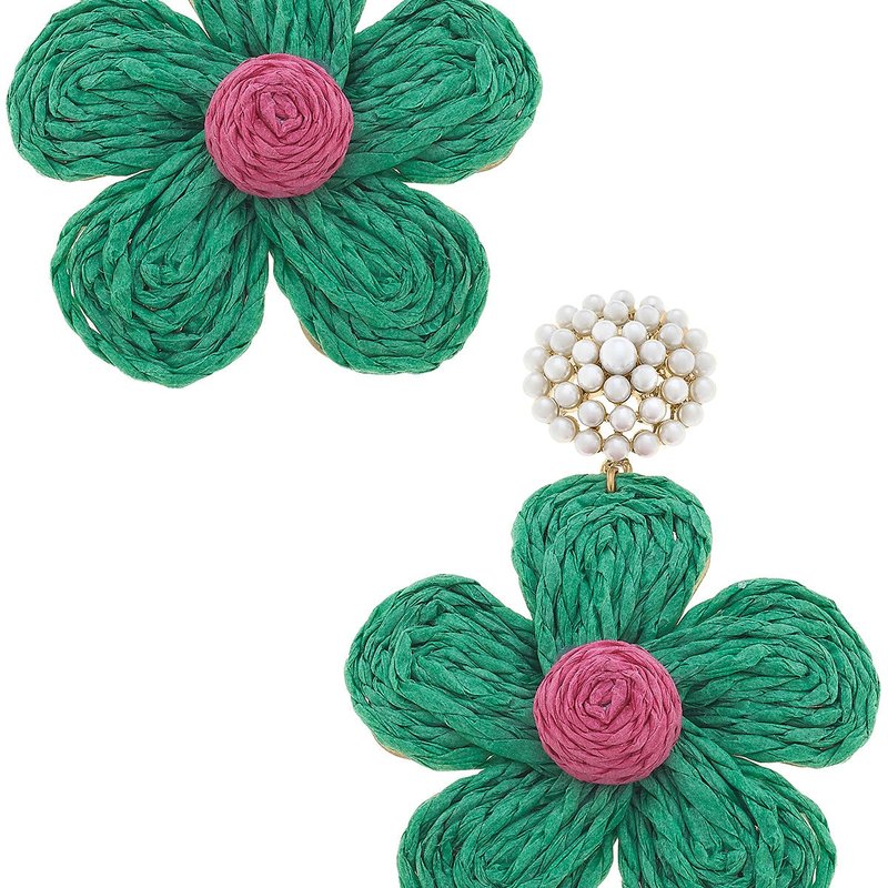 Canvas Style Claire Raffia Flower Pearl Drop Earring In Green