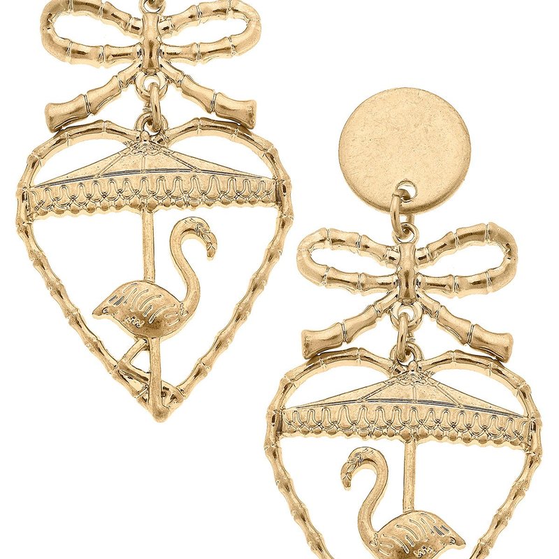 Canvas Style Claudette Flamingo And Bamboo Heart Drop Earrings In Gold