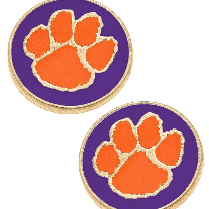 Canvas Style Clemson Tigers Enamel Disc Stud Earrings In Purple