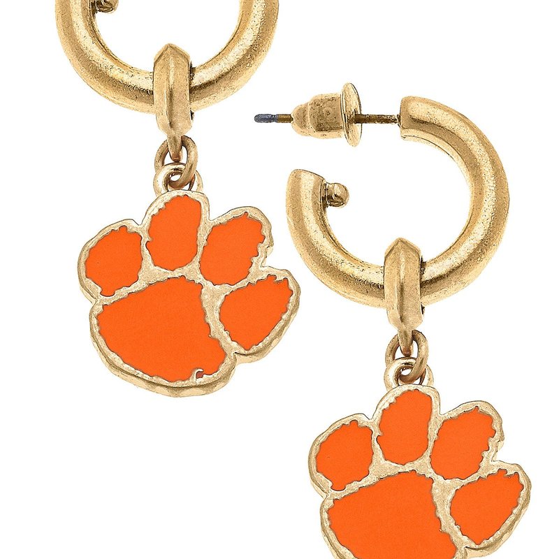 Canvas Style Clemson Tigers Enamel Drop Hoop Earrings In Orange