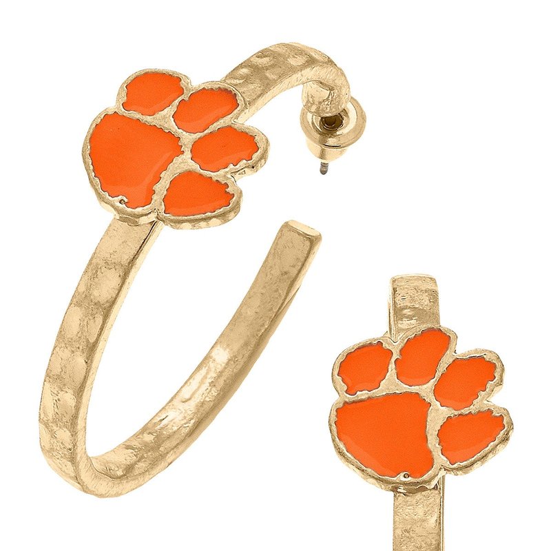 Canvas Style Clemson Tigers Enamel Logo Hoop Earrings In Orange