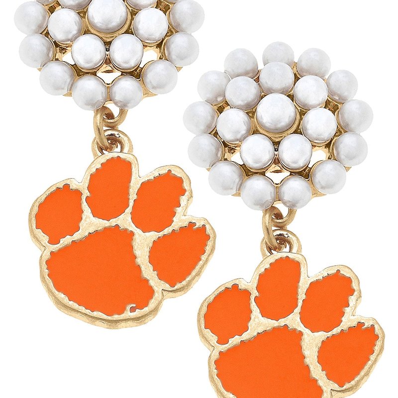 Canvas Style Clemson Tigers Pearl Cluster Enamel Drop Earrings In Orange