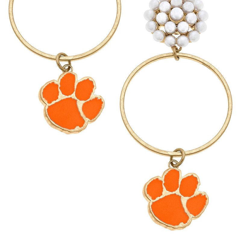 Canvas Style Clemson Tigers Pearl Cluster Enamel Hoop Earrings In Orange