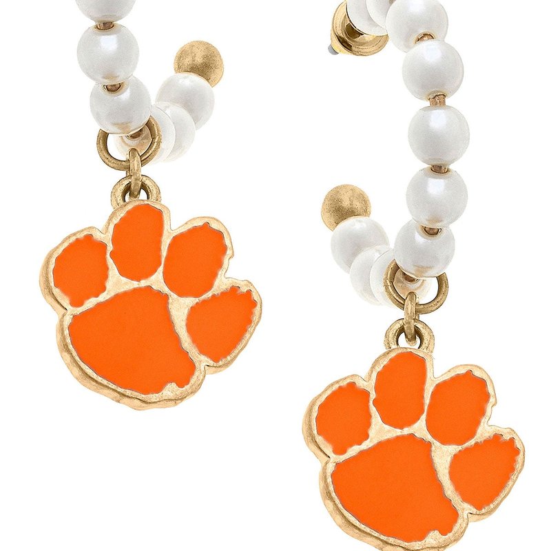 Canvas Style Clemson Tigers Pearl Hoop Enamel Drop Earrings In Orange