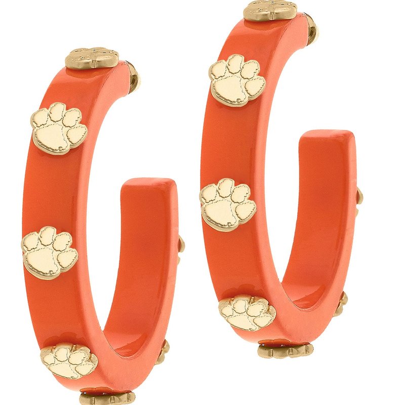 Canvas Style Clemson Tigers Resin Logo Hoop Earrings In Orange