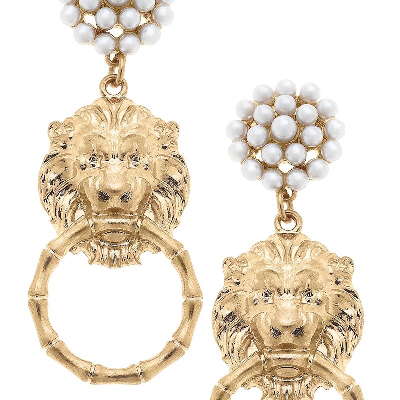 Canvas Style Deanna Pearl Cluster Lion Head Door Knocker Drop Earrings In Gold