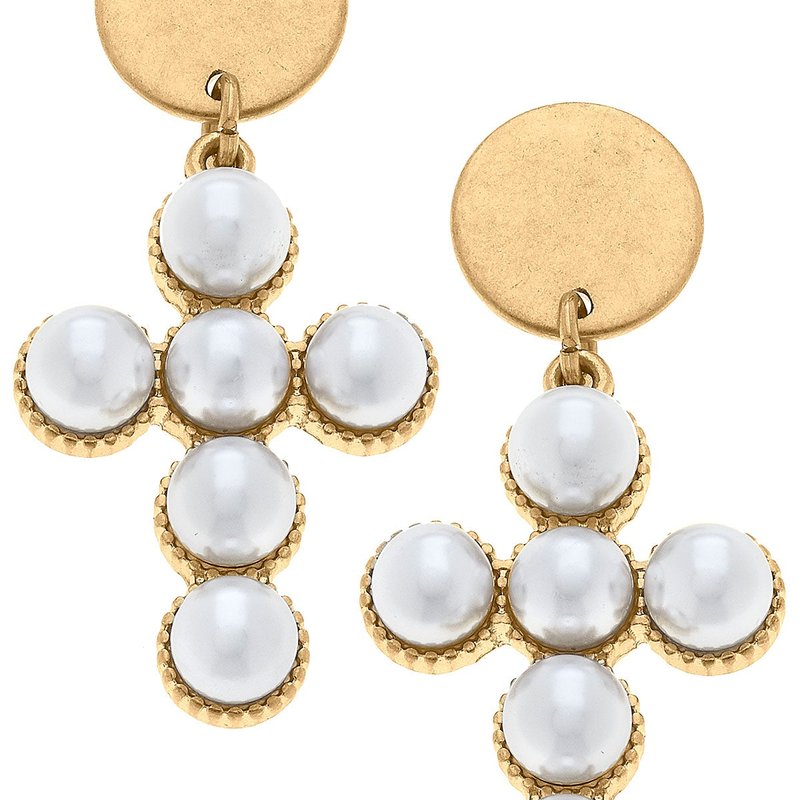 Canvas Style Elisha Pearl Cross Drop Earrings In Gold