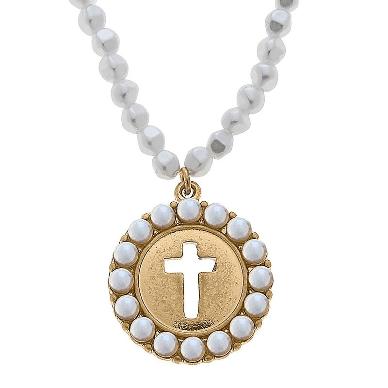 Canvas Style Elizabeth Pearl Coin Cross Beaded Necklace In Yellow