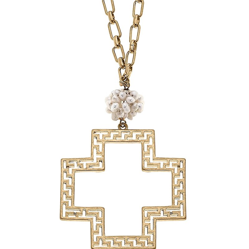 Canvas Style Elysa Greek Keys Cross Pendant & Pearl Cluster Necklace In Gold