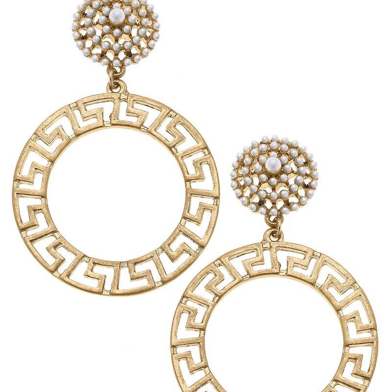 Canvas Style Emilia Greek Keys Circle & Pearl Studded Statement Earrings In Gold