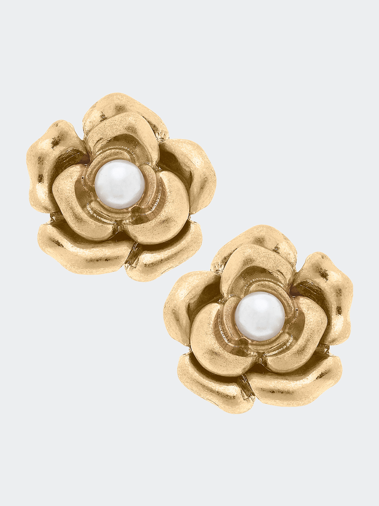 Emmie Camelia And Pearl Stud Earring - Worn Gold