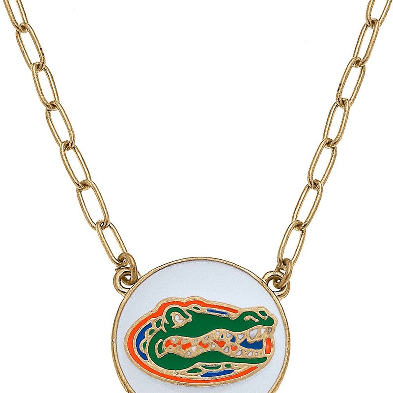 Canvas Style Florida Gators Enamel Disc Pendant Necklace In White