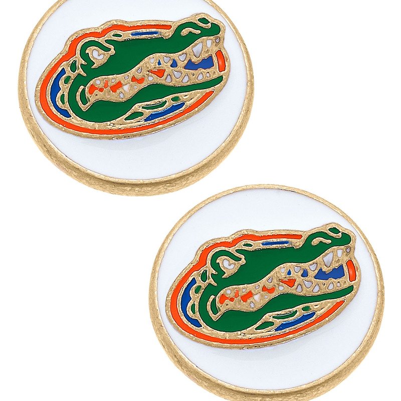 Canvas Style Florida Gators Enamel Disc Stud Earrings In White