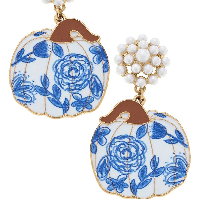 Canvas Style For Pete's Sake Pottery Floral Pumpkin Earrings In Blue