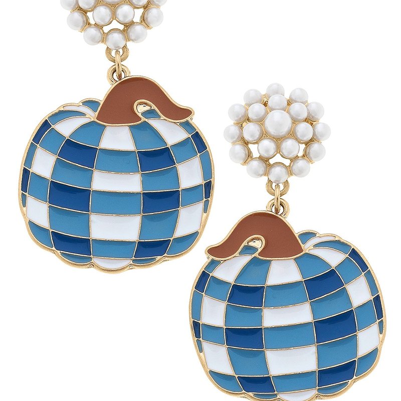 Canvas Style For Pete's Sake Pottery Gingham Pumpkin Earrings In Blue & White
