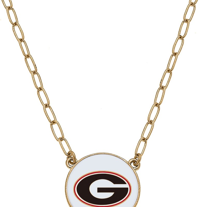 Canvas Style Georgia Bulldogs Enamel Disc Pendant Necklace In White