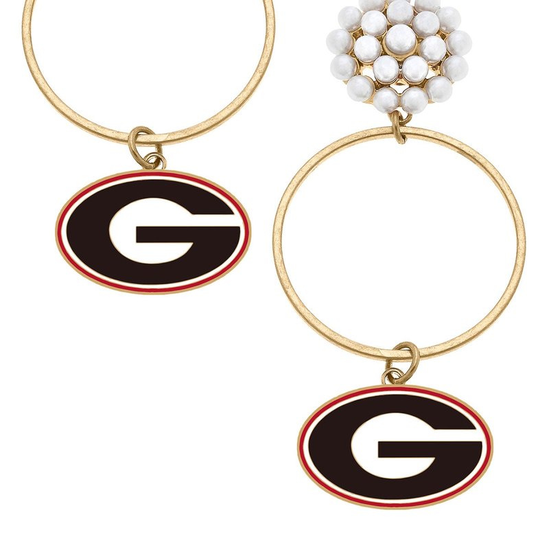 Canvas Style Georgia Bulldogs Pearl Cluster Enamel Hoop Earrings In Black