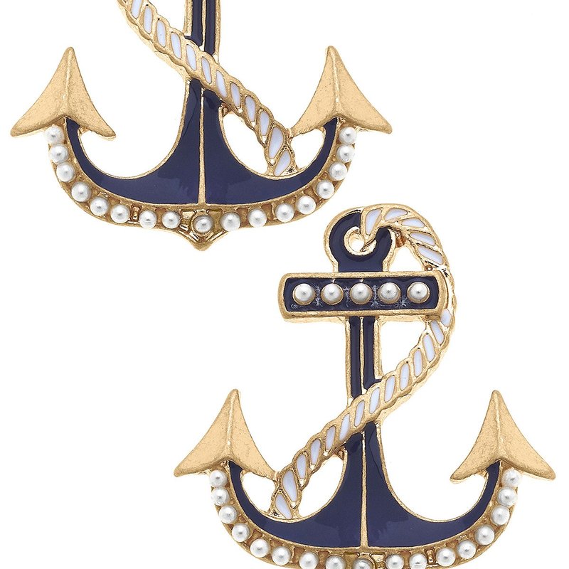 Canvas Style Georgina Enamel And Pearl Studded Anchor Earrings In Blue