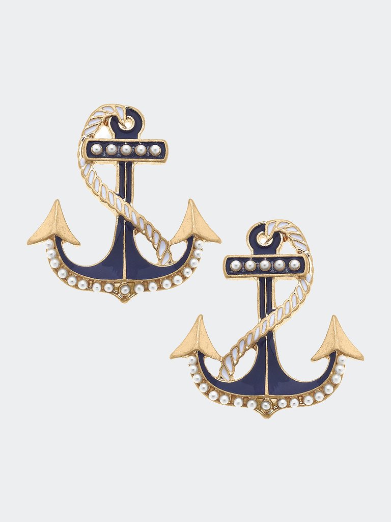 Georgina Enamel and Pearl Studded Anchor Earrings - Navy