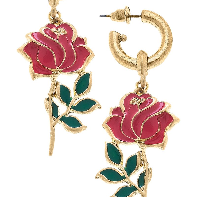 Canvas Style Gianna Rose Flower Enamel Drop Hoop Earrings In Gold