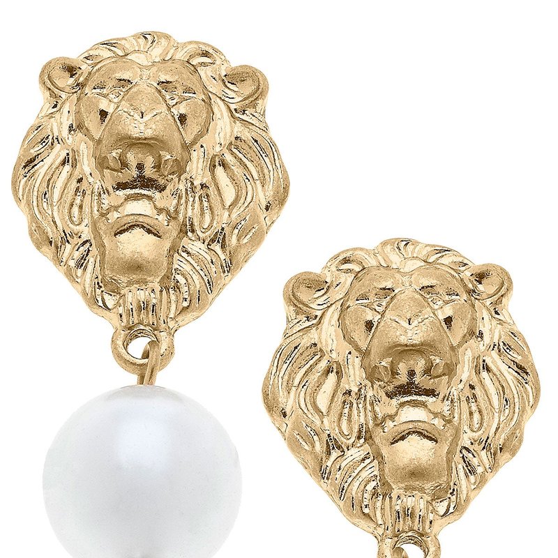 Canvas Style Gloria Lion Head & Pearl Drop Earrings In Gold