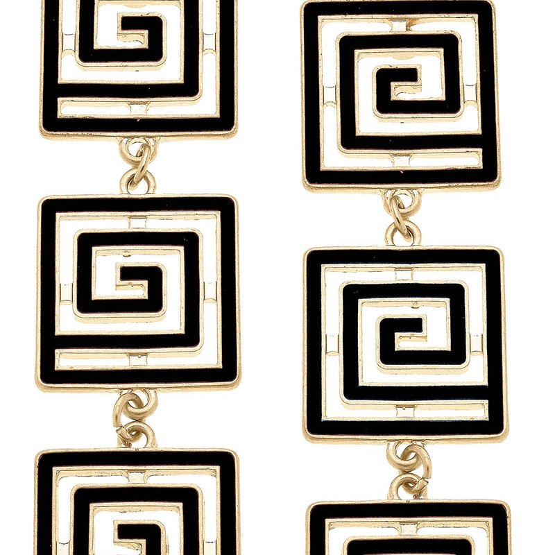 Canvas Style Gretchen Game Day Greek Keys Linked Enamel Earrings In Black