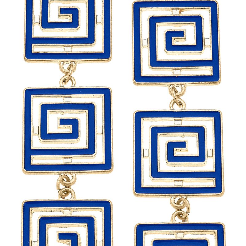 Canvas Style Gretchen Game Day Greek Keys Linked Enamel Earrings In Blue